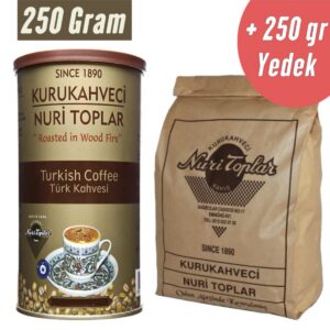 Odun Ateşinde Kavrulmuş Türk Kahvesi 250 gr + 250 gr Yedek Yuvarlak Teneke Kutu - Nuri Toplar
