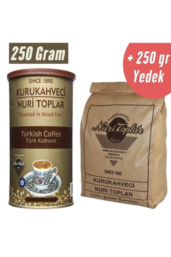 Odun Ateşinde Kavrulmuş Türk Kahvesi 250 gr + 250 gr Yedek Yuvarlak Teneke Kutu - Nuri Toplar