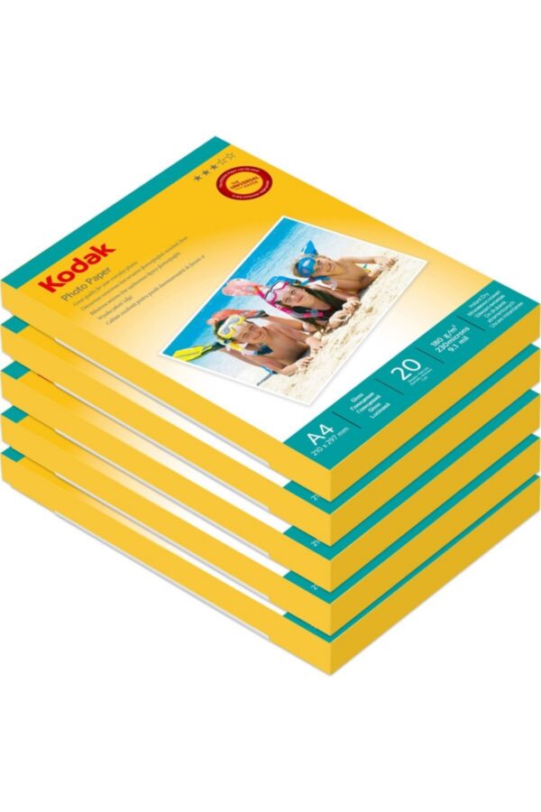 A4 20x30 cm Parlak Fotoğraf Kağıdı 180 gr - 5'li Paket 100 Yaprak Inkjet Glossy