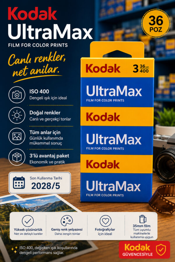 UltraMax 400 ISO 35mm 135/36 Renkli Negatif Film 3'lü Paket (Toplam 108 Poz) SKT: 05/2028