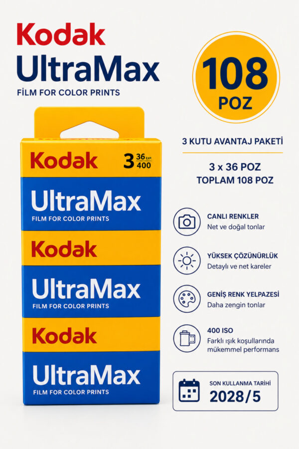 UltraMax 400 ISO 35mm 135/36 Renkli Negatif Film 3'lü Paket (Toplam 108 Poz) SKT: 05/2028