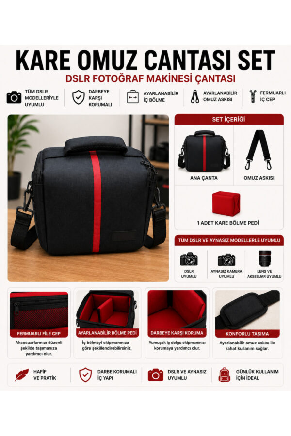 1_org_zoom-468.jpg Fotoğraf Makinesi Çantası DSLR ve Aynasız Kamera Uyumlu Kare Omuz Çantası Ayarlanabilir Bölmeli