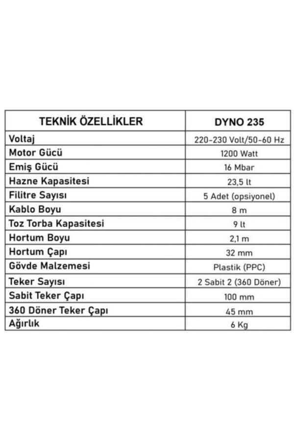 DYNO 235 Profesyonel Sessiz Elektrikli Süpürge 23,5 Litre 1200 Watt Kuru Tip