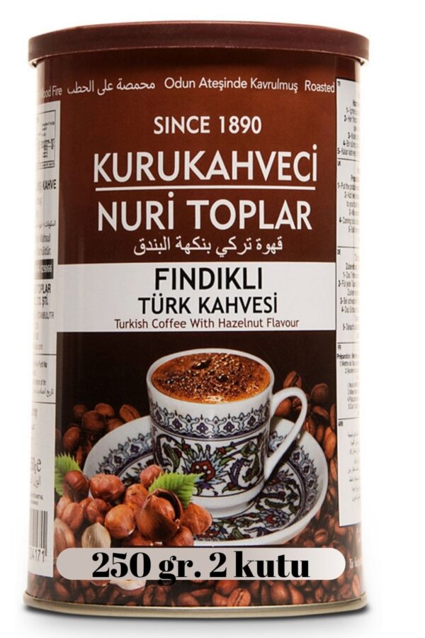 Odun Ateşinde Kavrulmuş Fındıklı Türk Kahvesi 2x250 gr Teneke Kutu (İçecek Hediyeli) - Nuri Toplar