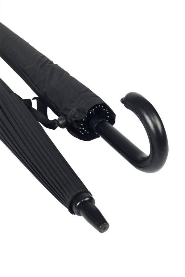 Siyahdesenli Baston 24 Fiber Tel Hakiki Deri Saplı Premium Protokol Şemsiye M21mar1024r002